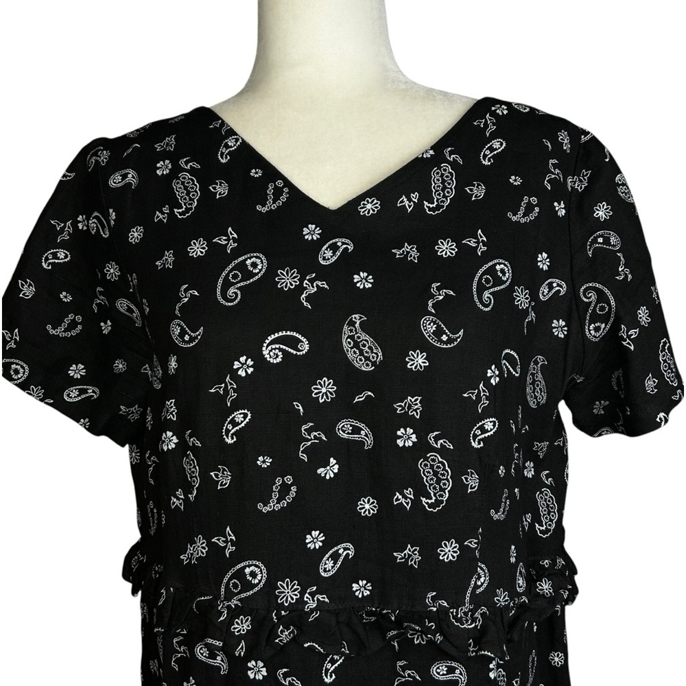 Y2K MATCH Linen Paisley Midi Dress 12 Vintage Black White Ruffle USA - Picture 6 of 10